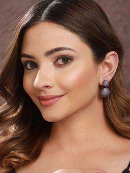 Saraf RS Jewellery - Rhodium Plated Purple Amethyst Studded Circular Drop Earrings