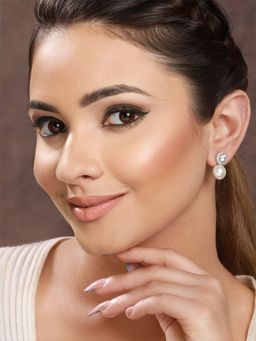 Saraf RS Jewellery - Rhodium Plated Zircon & Pearl Studded Minimal Studs Earrings