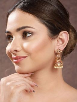 Saraf RS Jewellery - Gold Plated Multi Zircon Studded Pearl Beaded Jhumka Earrings