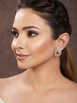 Saraf RS Jewellery - Silver Toned CZ Studded Hoop Studs Earrings