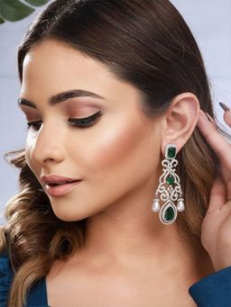 Saraf RS Jewellery - Silver Toned Green Zircon Pearl Beaded Statement Chandelier Earrings