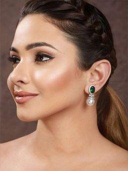 Saraf RS Jewellery - Silver Plated Green CZ Pearl Beaded Minimal Earring