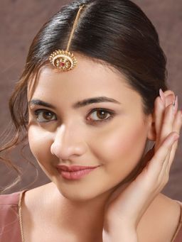 Saraf RS Jewellery - Gold Plated Red Kundan Floral Borla Maangtikka