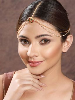 Saraf RS Jewellery - Gold Plated Green Stone Studded Pearl Beaded Borla Mathapatti (Onesize)