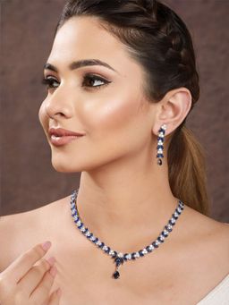 Saraf RS Jewellery - Silver Toned Blue Ad Studded Necklace Set