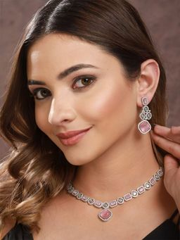 Saraf RS Jewellery - White Rhodium Pink Zircon Studded Designer Necklace Jewellery Set (Onesize)