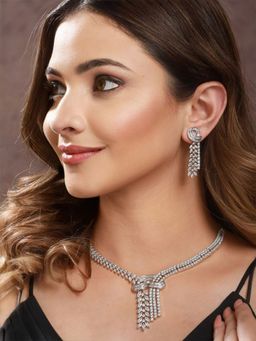 Saraf RS Jewellery - White Rhodium Cubic Zircon Studded Luxe Necklace Jewellery Set (Onesize)