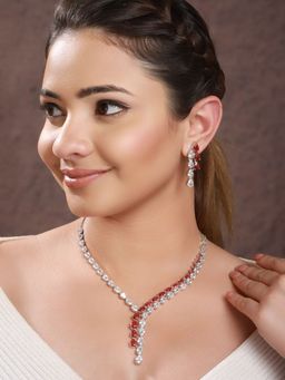 Saraf RS Jewellery - Silver Toned Red CZ Statement Designer Necklace Jewellery Set