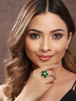 Saraf RS Jewellery - Silver Plated Green Emerald Zircon Minimal Floral Ring