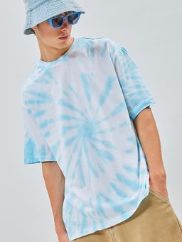 Bewakoof - Men's White & Blue Tie & Dye Oversized T-shirt