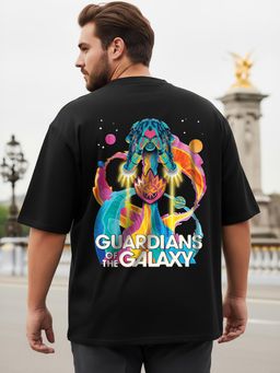 Bewakoof - Official Marvel Men's Black Galaxy Ship Graphic Printed Oversized Plus Size T-shirt