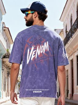 Bewakoof - Official Marvel Men's Skipper Blue Venom Graphic Printed Oversized Acid Wash T-shirt