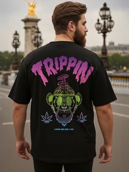 Bewakoof - Men's Black Tripping Monkey Graphic Printed Oversized Plus Size T-shirt