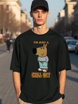 Bewakoof - Men's Black Chill Guy Graphic Printed Oversized T-shirt
