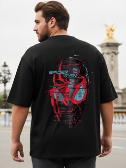 Bewakoof - Men's Black Across The Spiderverse Graphic Printed Oversized Plus Size T-shirt