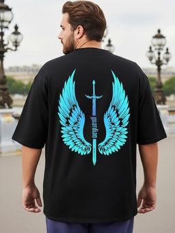 Bewakoof - Men's Black Guiardian Wings Graphic Printed Oversized Plus Size T-shirt