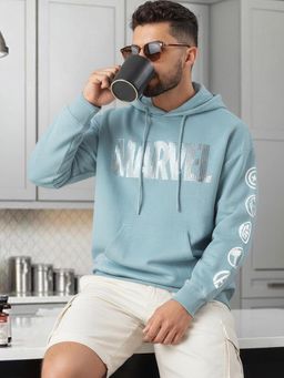 Bewakoof - Men's Ashley Blue Marvel Typography Oversized Hoodies