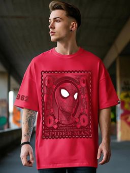 Bewakoof - Official Marvel Men's Red Friendly Neighbour Graphic Printed Oversized T-shirt
