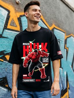Bewakoof - Official Marvel Men's Jet Black Red Hulk Graphic Printed Oversized T-shirt