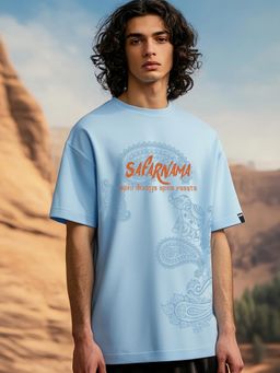 Bewakoof - Men's Chambray Blue Safarnama Graphic Printed Oversized T-shirt