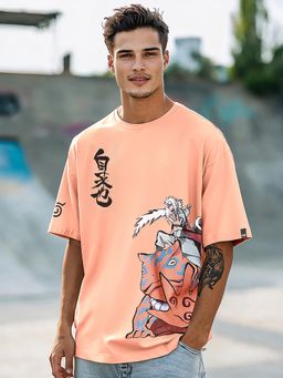 Bewakoof - Official Naruto Men's Vermillion Orange Areo Senin Graphic Printed Oversized T-shirt
