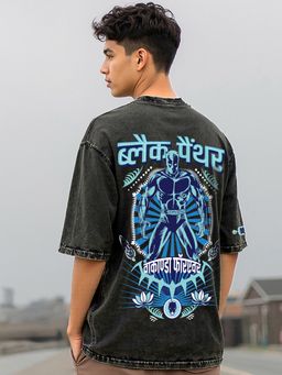 Bewakoof - Official Marvel Men's Black Panther Truck Graphic Printed Oversized Acid Wash T-shirt