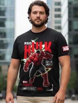 Bewakoof - Official Marvel Men's Jet Black Red Hulk Graphic Printed Plus Size T-shirt