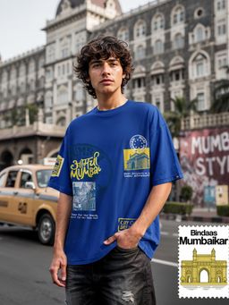 Bewakoof - Men's Blue Aamchi Mumbai Graphic Printed Oversized T-shirt