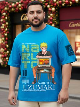 Bewakoof - Men's Blue Naruto Graphic Printed Oversized Plus Size T-shirt