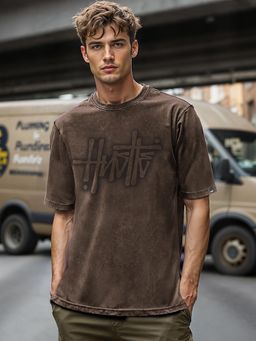 Bewakoof - Men's Brown Hustle Typography Oversized Acid Wash T-shirt