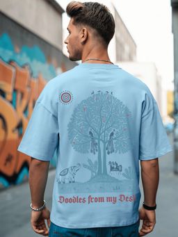 Bewakoof - Men's Chambray Blue Tatva Doodles Graphic Printed Oversized T-shirt