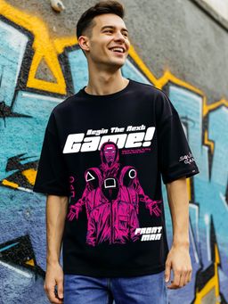 Bewakoof - Official Squid Game Men's Jet Black Next Game Graphic Printed Oversized T-shirt