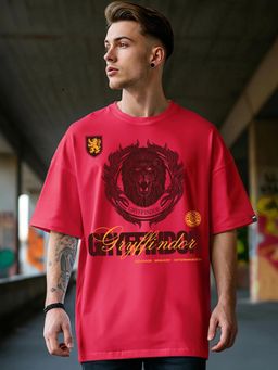 Bewakoof - Official Harry Potter Men's Bold Red Gryffin Squad Graphic Printed Oversized T-shirt