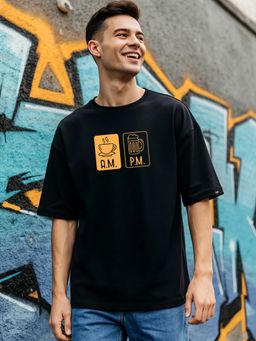 Bewakoof - Men Jet Black Am Pm Graphic Printed Oversized T-Shirt