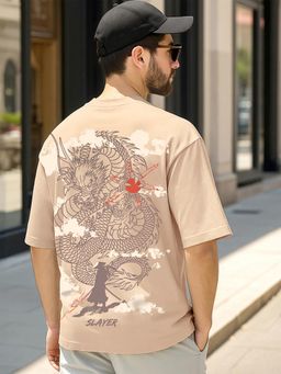 Bewakoof - Men's Ginger Root Brown Slayer Graphic Printed Oversized T-Shirt