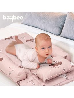 BAYBEE - Pink Baby Mattress Attached 2 Side Bolster And Cushion Pillow Bedding Set (0-6 Months)