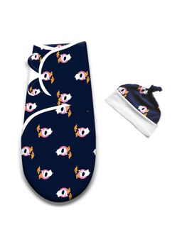 Polka Tots - Navy Blue Cotton Elephant Swaddle Wrap With Cap (18-24 Months)