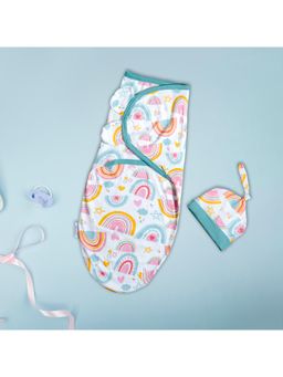 Polka Tots - White Cotton Rainbow Swaddle Wrap With Cap (18-24 Months)