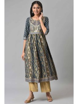 Aurelia - Women Grey Festive Geometric Print Viscose Blend Kurta