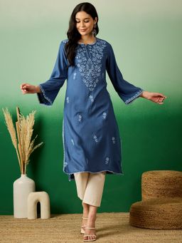 Gahan - Blue Embroidered Flared Sleeves Chikankari Straight Kurta