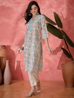 Gahan - Green Ethnic Motifs Floral Printed V Neck Straight Kurta