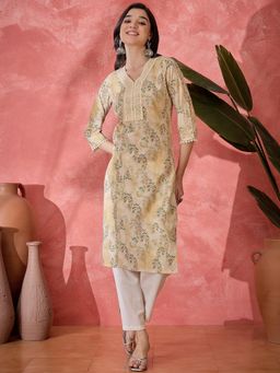 Gahan - Yellow Ethnic Motifs Printed V Neck Straight Kurta