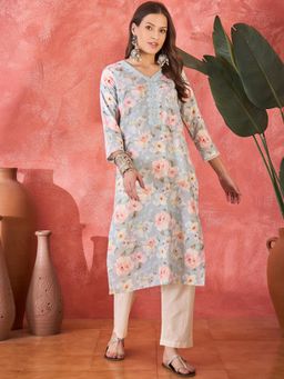 Gahan - Grey Ethnic Motifs Printed V Neck Straight Kurta