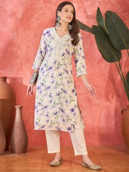 Gahan - Off White Ethnic Motifs Printed V Neck Straight Kurta