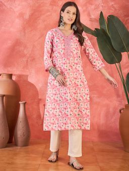Gahan - Peach Ethnic Motifs Printed V Neck Straight Kurta