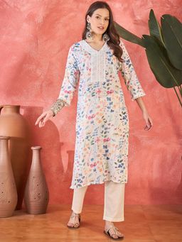 Gahan - White Ethnic Motifs Printed V Neck Straight Kurta