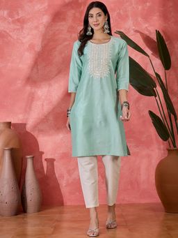 Gahan - Green Floral Yoke Design Embroidered Mirror Work Straight Kurta