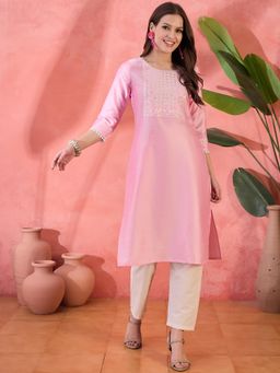 Gahan - Pink Floral Yoke Design Embroidered Mirror Work Straight Kurta
