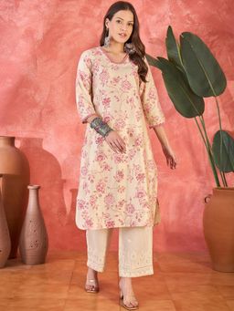Gahan - Beige Floral Printed V-Neck Straight Kurta