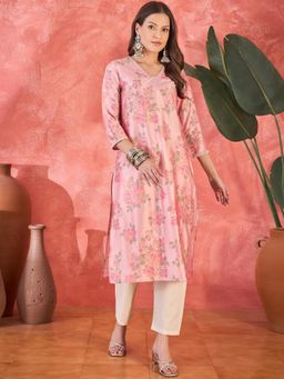 Gahan - Pink Floral Printed V-Neck Straight Kurta